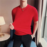 Threebooy Men's High-End Casual Short Sleeve knitting Sweater/Male High collar Slim Fit Stripe Set head Knit Shirts Plus size S-4XL