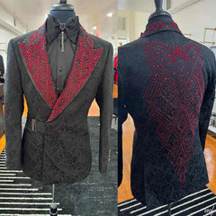 Threebooy  Stunning Jacquard Crystal Men Suits Slim Fit 2 Piece Jacket Pants Peak Lapel Formal Occasion Party Banquet