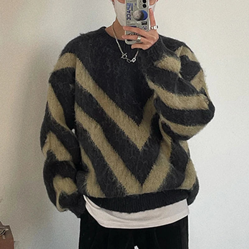 Threebooy Autumn Clothing Men's Luxury Printed Knitted Pullover Sweater Long Sleeve O Neck Korean Popular Retro Fashion Leisure Knitwear