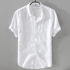 Threebooy Summer Men's Breathable Cotton Linen Shirt Short Sleeve Casual Turn Down Collar Loose Top Male Shirts