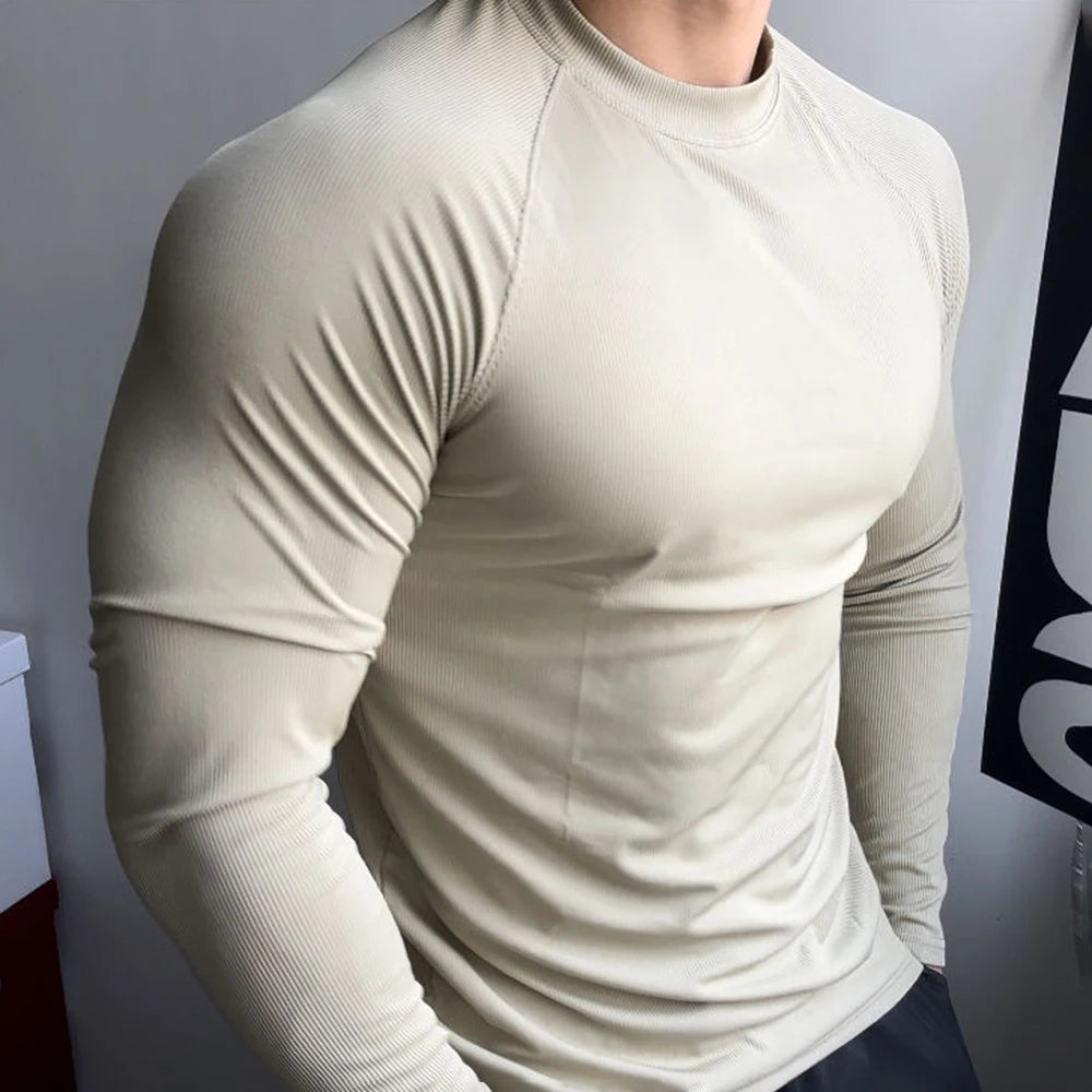 Threebooy Mens T-Shirt Stretch Gym Sports T-Shirt Fashion All-Match Solid Color Tight Fitness Comfort Long-Sleeved Top Men'S Clothing