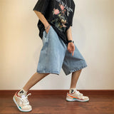 Threebooy Summer Denim Shorts for Men Korean Harajuku Retro All-Match Baggy Straight Bottoms Wide-Leg High Street Five-Point Jeans Pants