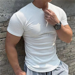 Threebooy  Sports Short-sleeved Men's Texture Solid Color Striped Slim Tights Elastic Quick-drying Running Fitness T-shirt Base