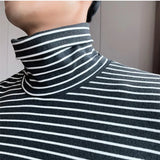 Threebooy Black Gray  Men High Collar Long-Sleeve T-Shirt Men T-Shirt Stripe Slim Fit T-Shirt Men Shirt Vintage Basic Cotton Shirt