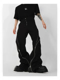 Threebooy American trendy brand men black zipper design slit slightly flared pants vertical feeling straight casual pants retro trousers