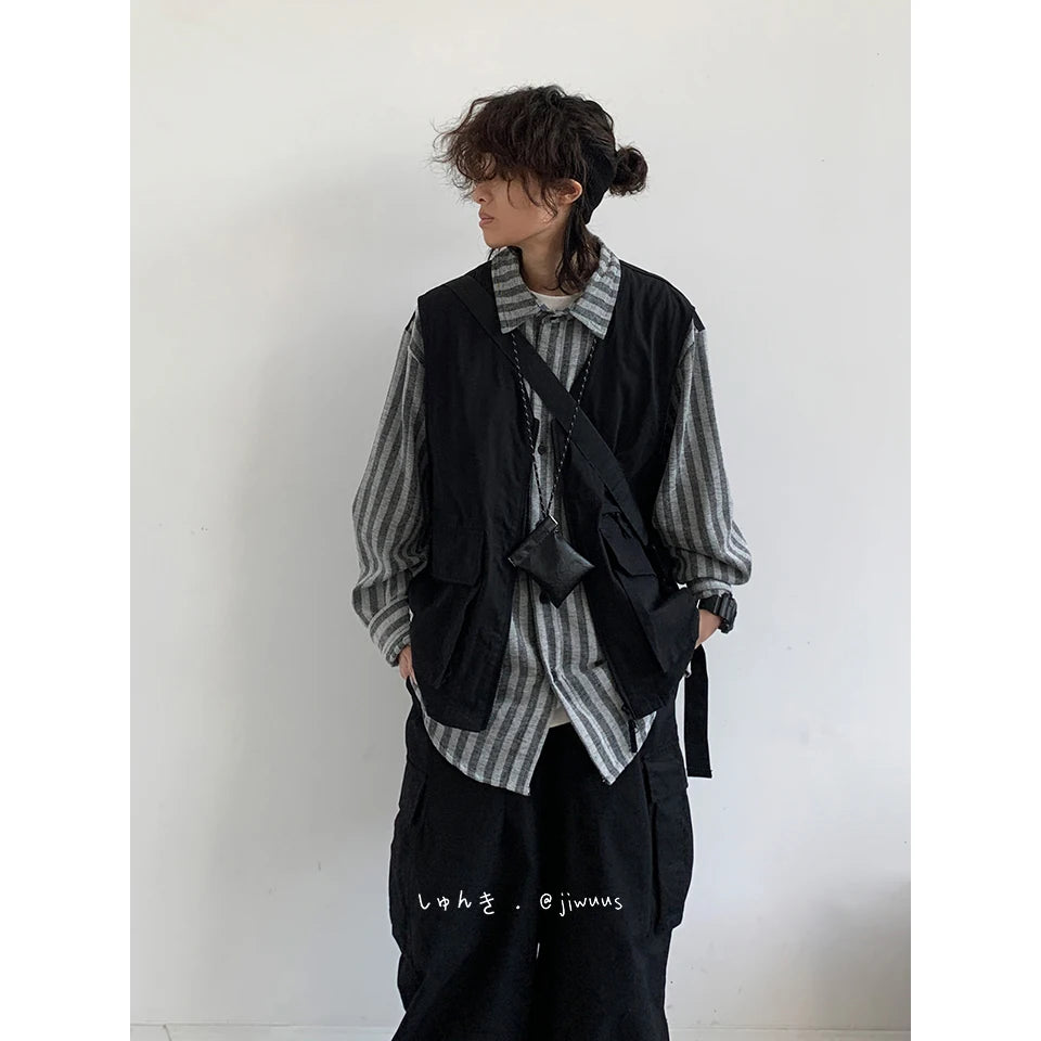 Threebooy Cityboy Japanese Retro Splicing Fake Two-piece Fashion Work Shirts Men Women Casual Loose Long-sleeved Shirt Jacket Aesthetic