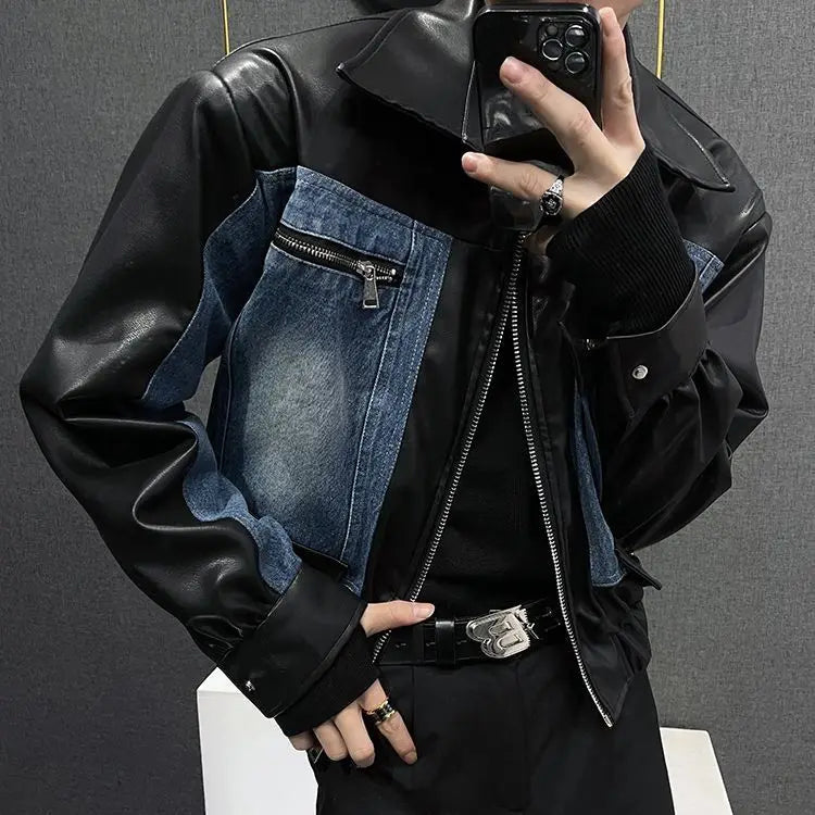 Threebooy Cargo Retro Patchwork Leather Denim Jacket Men Autumn Niche Patchwork Design High-end K-pop Short Jacket Casual Top
