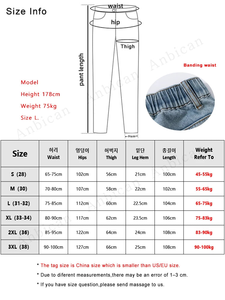 Threebooy  Spring Autumn Men's Jeans Straight Denim Pants Banding Waist Cotton Streetwear Wide Leg Loose Casual Blue Long Jeans Trousers