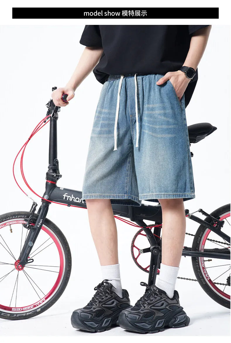 Threebooy Mens Denim Shorts Elastic Waist Drawstring Washed Classic Casual Summer Streetwear Vintage Stonewash Comfort Fit 2025 Fashion