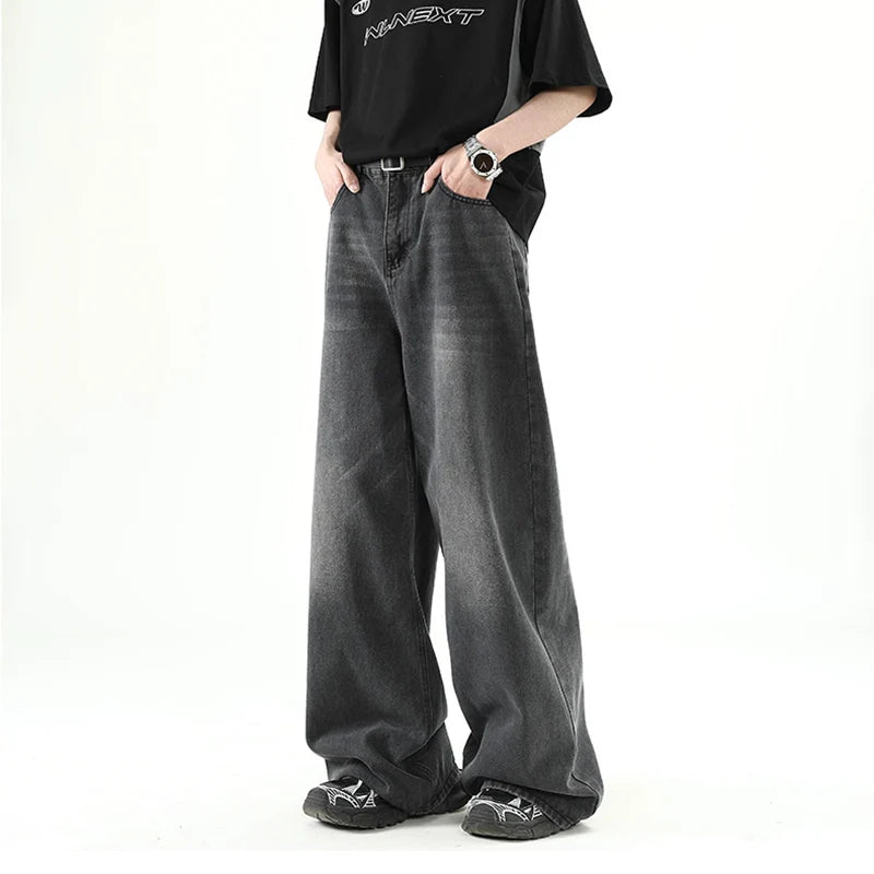 Threebooy  Men Denim Pants Old Blue Washed Male Jeans Straight Casual Menwear Loose Wide Leg Trousers New Fashion Korean High Street Denim