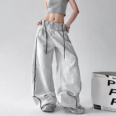 Threebooy Korean High Street Hip-Hop Wide Leg Pants Women'S Jeans Striped Color Blocked Casual High Waisted Loose Straight Leg Pants