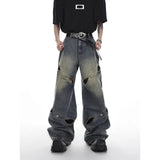 Threebooy High Street High Waist Loose Straight Leg Broken Wide Leg Trousers Hollow Long Pants Vintage Men's Jeans