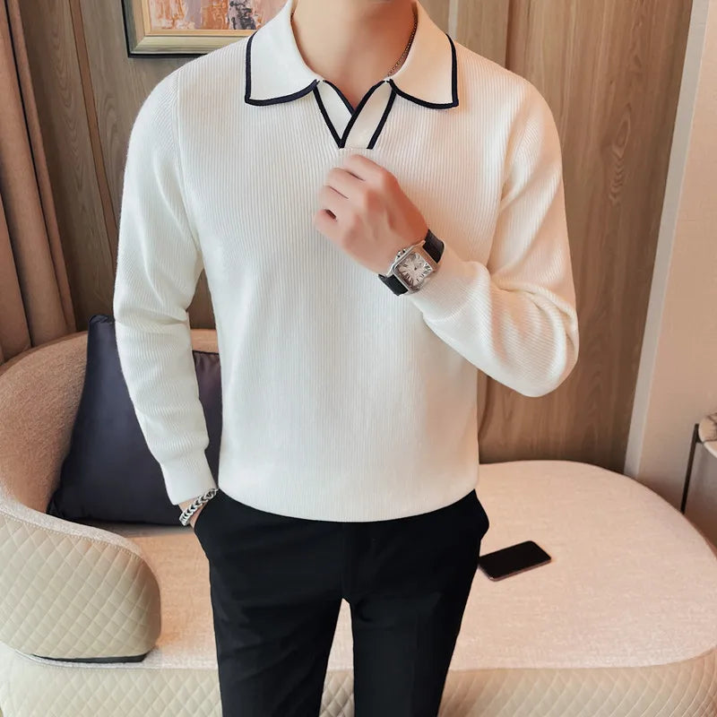 Threebooy Clothing Men Warm in Winter Lapel Knitted Sweaters/Male Slim Fit High Quality Leisure Pullover Men's polo Long-sleeved Sweater