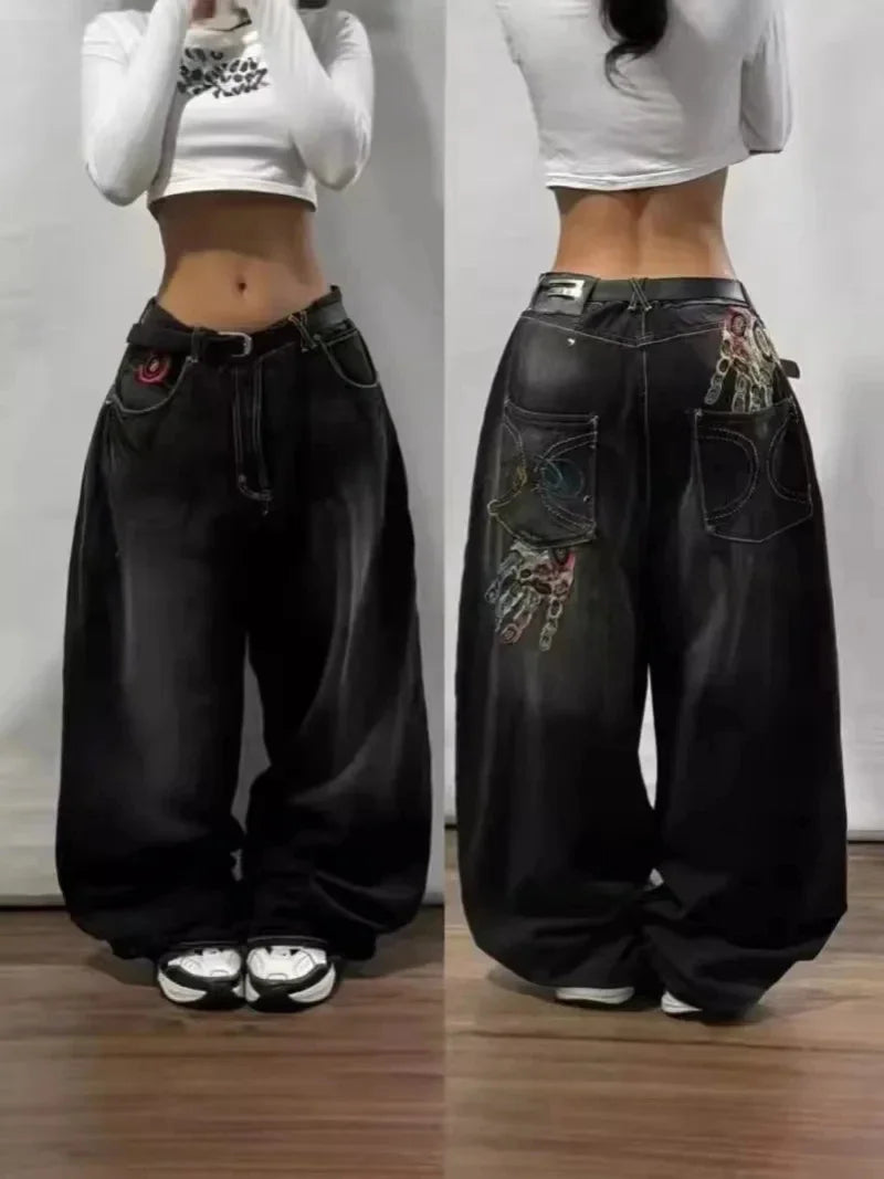 Threebooy Y2K Fashion New Letters Embroidered Washed Baggy Jean Women Gothic Harajuku Vintage Hip Hop Pop Casual High Waist Wide Leg Pants