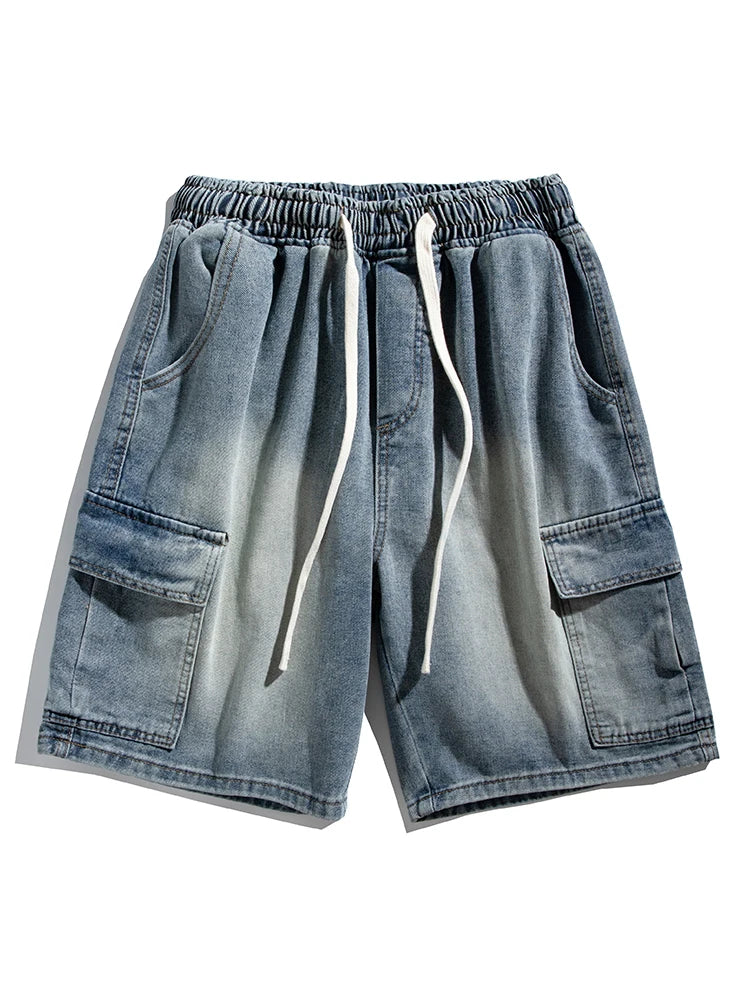 Threebooy Summer Denim Shorts Men Korean Fashion Wide Leg Straight Jean Short Male Multi-Pocket Loose Fit Denim Cargo Shorts