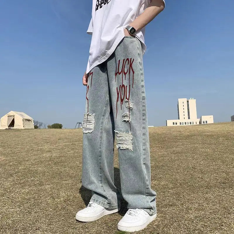 Threebooy  Y2k Streetwear Printed Ripped Hole Jeans Men Wide Leg Denim Baggy Pants Vintage Casual Jeans Straight Trousers