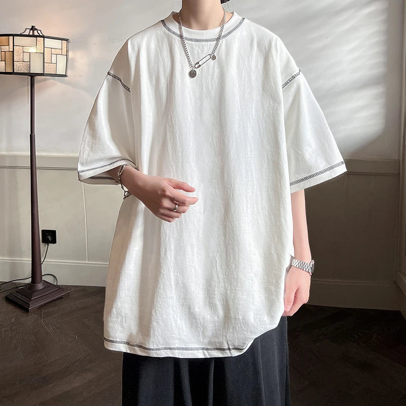 Threebooy Cotton Patchwork Line Summer T-shirt Men's Loose Short-sleeved Casual Tee Shirt Couple O Neck Solid Color Oversize T shirt