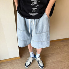 Threebooy Summer New High Street Casual Versatile Denim Capris Elastic Waist Men's Korean Style Loose Wide Leg Large Pocket Shorts