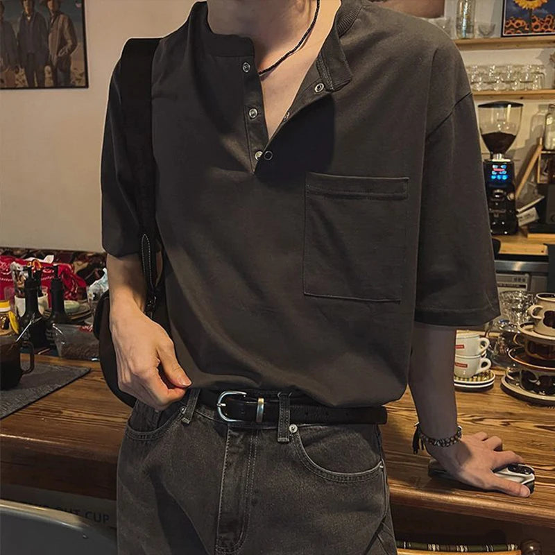 Threebooy  New Fashion Korean Style Men T-shirt Light Luxury Henry Collar Tops Casual Loose High Quality Solid Color Half Sleeve Tees M-2XL