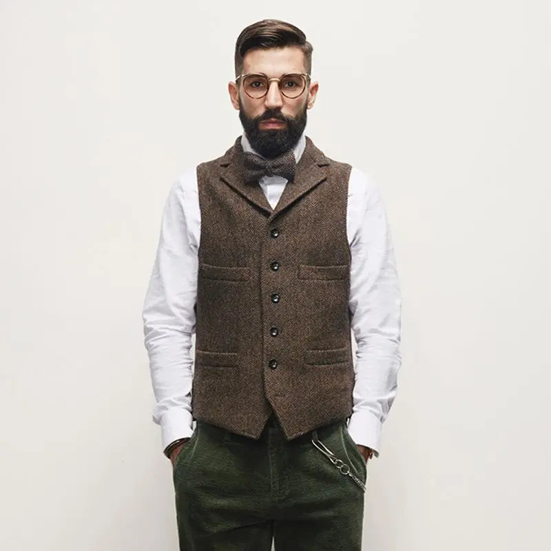 Threebooy Autumn Winter Men's British Waistcoat Retro Herringbone Slim Tweed Suit Vest Heavy Button Jacket Men Aesthetic Sleeveless Coat