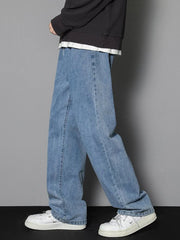 Threebooy 2025 New Korean Men's Casual Long Jeans Classic Man Straight Denim Wide-leg Pants Solid Color Light Blue Grey Black