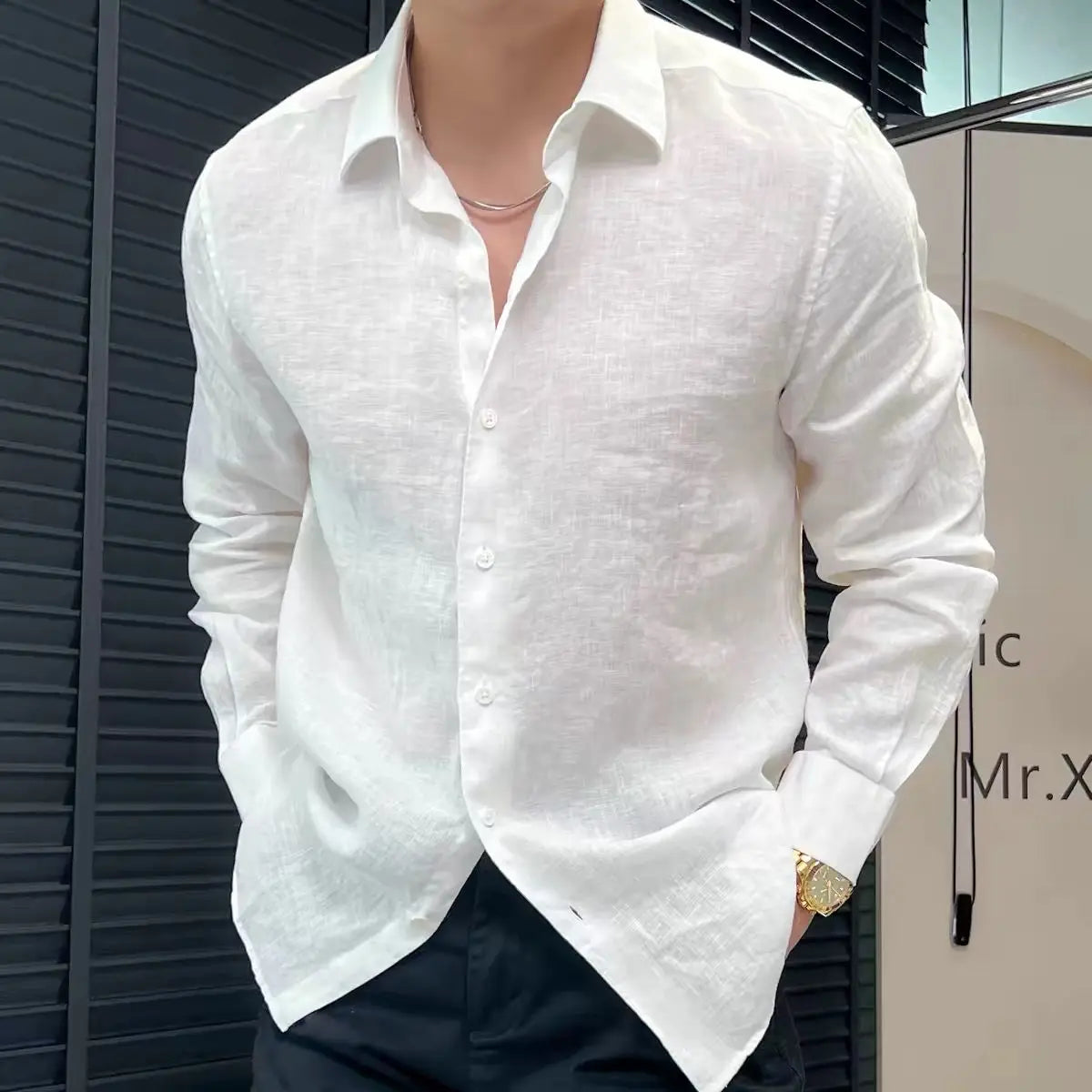 Threebooy  Spring Summer New High-end Linen Solid Color Long Sleeved Shirt Men's Loose and Versatile White Top Shirt