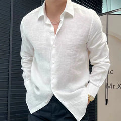 Threebooy  Spring Summer New High-end Linen Solid Color Long Sleeved Shirt Men's Loose and Versatile White Top Shirt