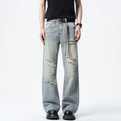 Threebooy Men Straight Leg Vintage Blue Washed Denim Jeans Casual Ripped Distressed Trousers Classic Retro Style Comfortable Streetwear