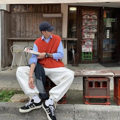Threebooy Men's Clothing Solid Color Vest V Neck Waistcoat Knit Sweater Male Plain Blue Baggy Sleeveless Korean Style Spring Autumn 2024 X