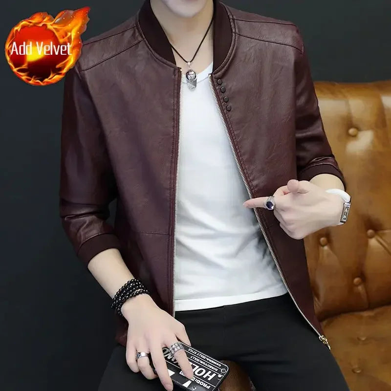 Threebooy Brown Casual Men's Suit Jackets Trendy Korean Style Clothes Male Leather Blazer Single Models Luxury Designer Menswear Coat