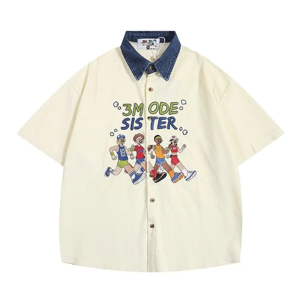 Threebooy  Men Women American Retro Athlete Embroidery Spliced Denim Collar Short-sleeved Shirts Trendy Summer Street Casual Loose Blouse