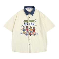 Threebooy  Men Women American Retro Athlete Embroidery Spliced Denim Collar Short-sleeved Shirts Trendy Summer Street Casual Loose Blouse