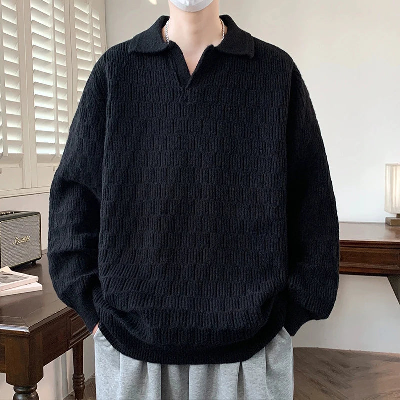 Threebooy Korean Style Men's Polo Sweater Light Luxury Textured V-neck Knit Long Sleeve Pullover Autumn Casaul Trendy Male Clothing M-3XL