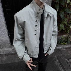 Threebooy American Retro Multi-button Stand Collar Design Jacket Men Korean Hip Hop Coat High Street Hip-hop Solid Color Classic Jacket