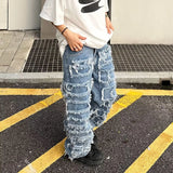 Threebooy Individualized patch jeans men  American high street hip-hop fried street beggar pants blue loose small crowd mopping