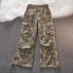 Threebooy Gothic Harajuku American Camouflage Drawstring Casual Trousers Leaf Pattern High Street Hip Hop Y2k Straight Leg Wide Leg Pants