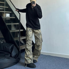 Threebooy Mens Y2k American Retro Pocket Camouflage Straight Pants Genderless Trendy Hip-Hop Workwear Style Loose Wide-Leg Pants Unisex