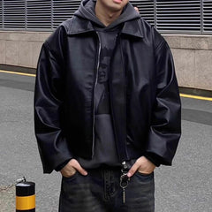 Threebooy  High Street Trendy PU Leather Crop Jacket Casual Textured Locomotive Zipper Turn-down Collar Solid Color Long Sleeve Men's Coats