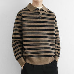 Threebooy  Autumn Retro Colorblock Striped Polo Collar Knitwear For Men Korean Fashion Long Sleeve Knitted Pullovers Fleece Y2K Sweaters