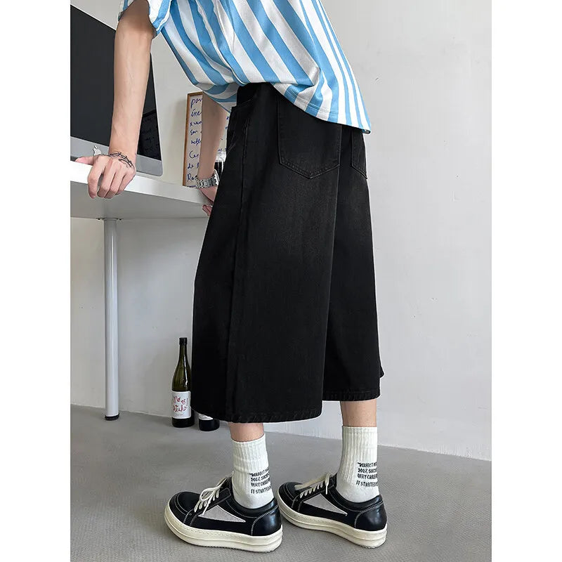 Threebooy  Loose Fit Cropped Jeans Elastic Drawstring Waist Stretch Denim Casual Wear Comfort Men Baggy Denin pants man  Fashion Trendy