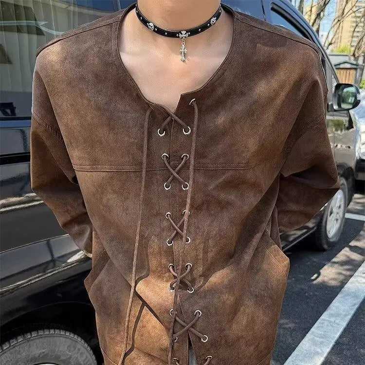Threebooy Drawstring Double-breasted Shirt Back Fly Design Top American Retro Brown Motorcycle Leather Jacket Women Men's Jacket