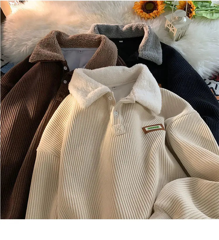Threebooy Men's Corduroy Polo Shirt Sweater Women's Autumn Winter Fleece Thick Coat Turndown Collar Buttons Long Sleeves Warm Tops