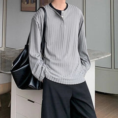 Threebooy New Japanese Fashion Men Henry Collar T-shirt Light Luxury Solid Color Long Sleeve Tops Leisure Light Business Basic Shirt M-3XL