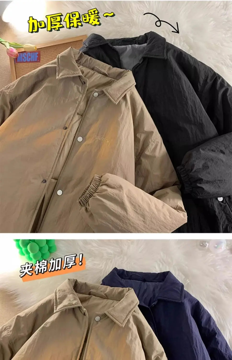 Threebooy Thickened Winter Parkas Japanese Large Size Retro Workwear English Letters Padded Coat Loose Lapel Warm Button Up Coat