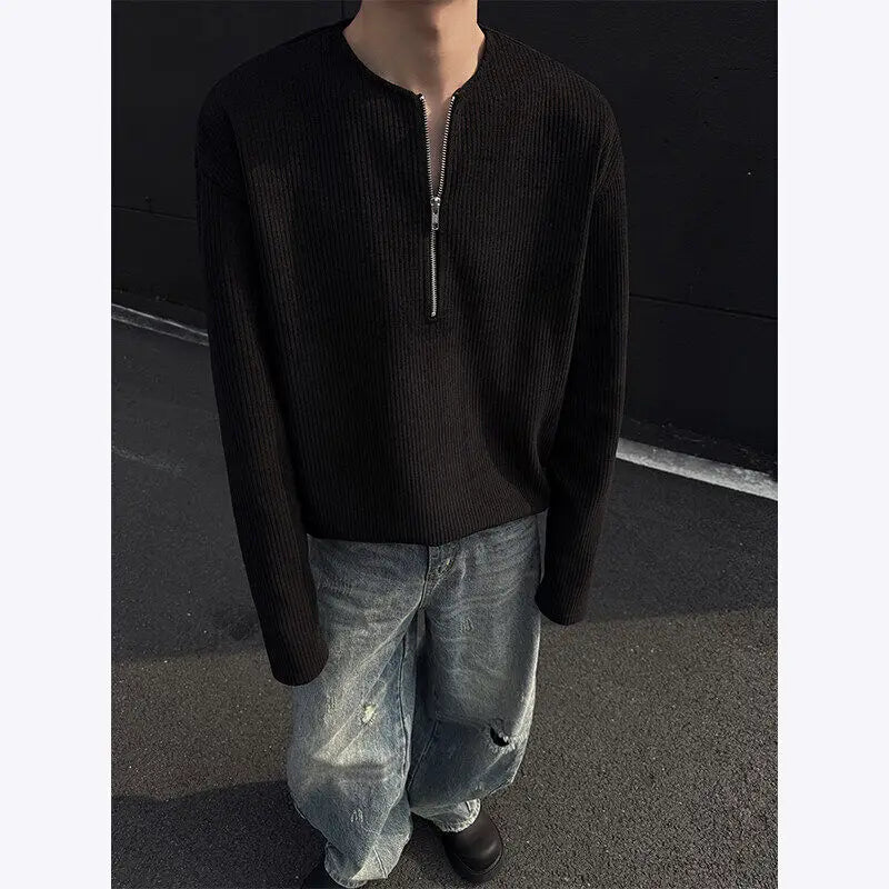 Threebooy  New Men Slim Fit Half Zip Solid Color Round Neck Long Sleeve Tshirt Spring Base shirt Casual Streetwear Hot Sale Trend T shirt