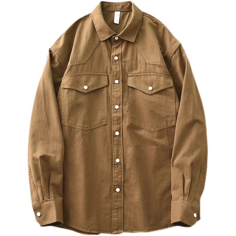 Threebooy Retro Washed Cotton Men's Shirts Spring Long Sleeve American Casual Blouses for Fashion Youth Man Work Wear Daily Tops