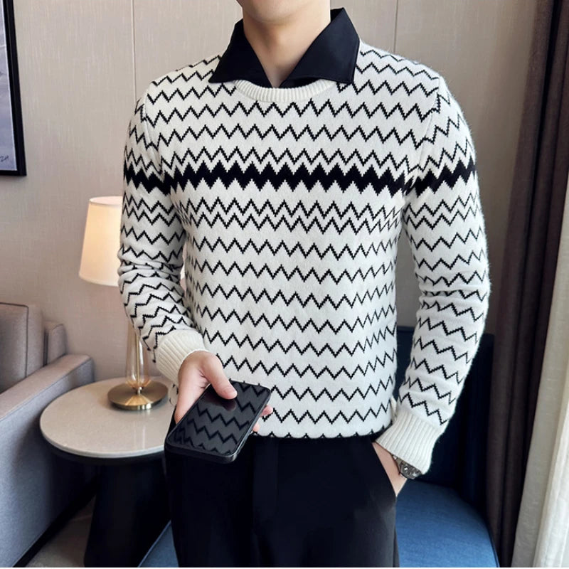 Threebooy Fake 2 Pieces Men's Winter Warm Knit Sweaters/Male Slim Fit Fashion Pullover/Man Lapel Jacquard Stripe Casual Sweater M-3XL