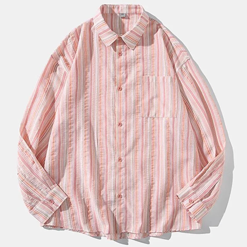 Threebooy 2025 New Japanese Spring Button Down Striped Men Shirts Fashion Casual Couple Shirt Long Sleeved High-Quality Hip-Hop Streetwear