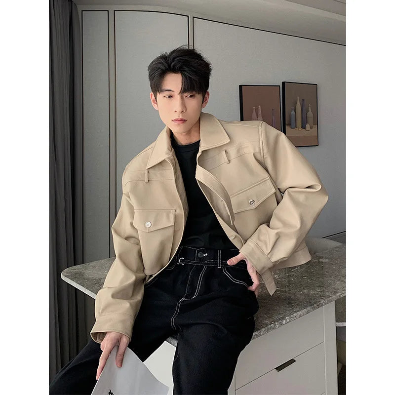 Threebooy Spring Autumn Leather Jacket Men's Short Style Trendy Handsome High Street Jacket Men's Shoulder Pad Design Motorcycle Top
