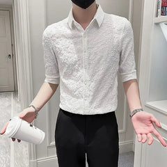 Threebooy  Summer Ice Silk Shirt Men's Versatile Ins Trendy Brand Half-sleeved Ins Casual Five-point Sleeve Handsome Mid-sleeved Shirt
